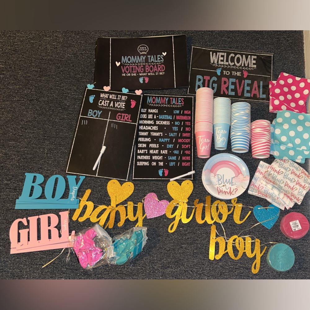 Gender Reveal Party Supplies Set - Gold, Pink, Blue
